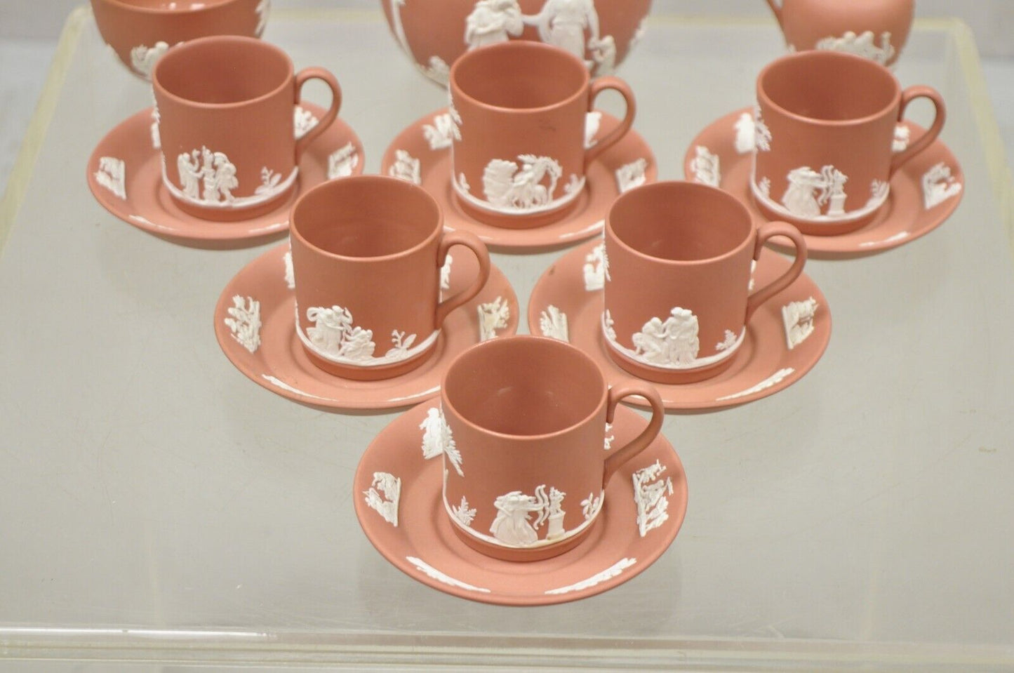 Wedgewood Terracotta Jasperware Miniature Tea Set Demitasse Cup & Saucer 14 pcs