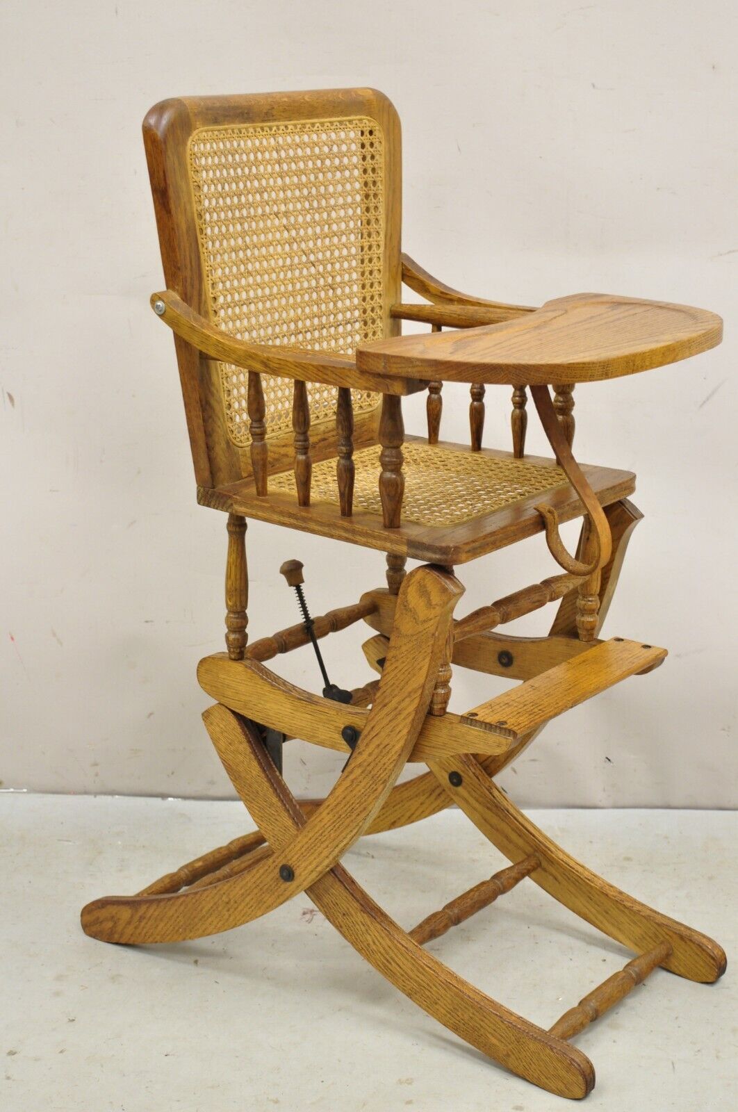 Vintage Victorian Oak & Cane Convertible Childs High Chair Rocking Chair