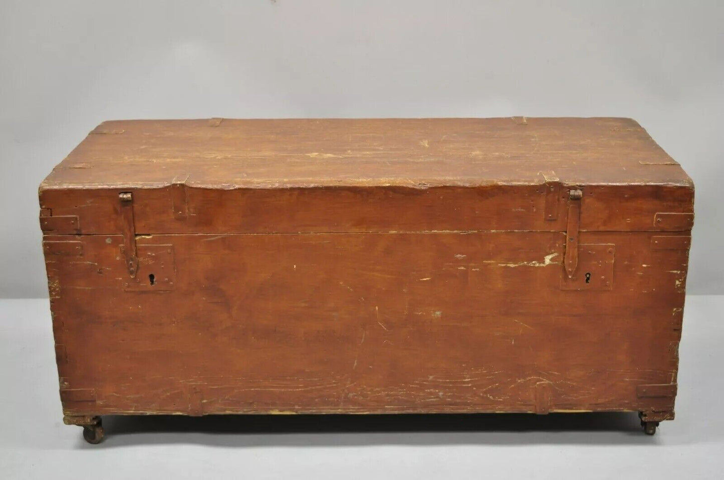 19th C Antique Brown Distress Painted Pine Wood Dovetailed Blanket Chest Trunk