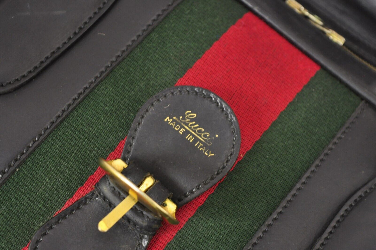 Vintage Gucci Large Black Leather Suitcase Luggage Travel Bag Green Red Webbing
