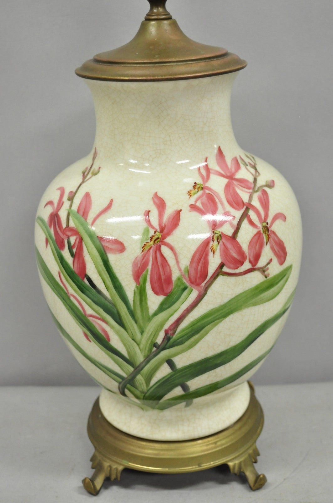 Vintage Art Nouveau Style Pink Flower Painted Porcelain Table Lamp by Wildwood