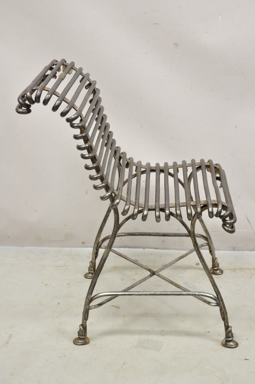 Antique French Wrought Cast Iron Spine Sauveur Arras Scrolling Garden Side Chair