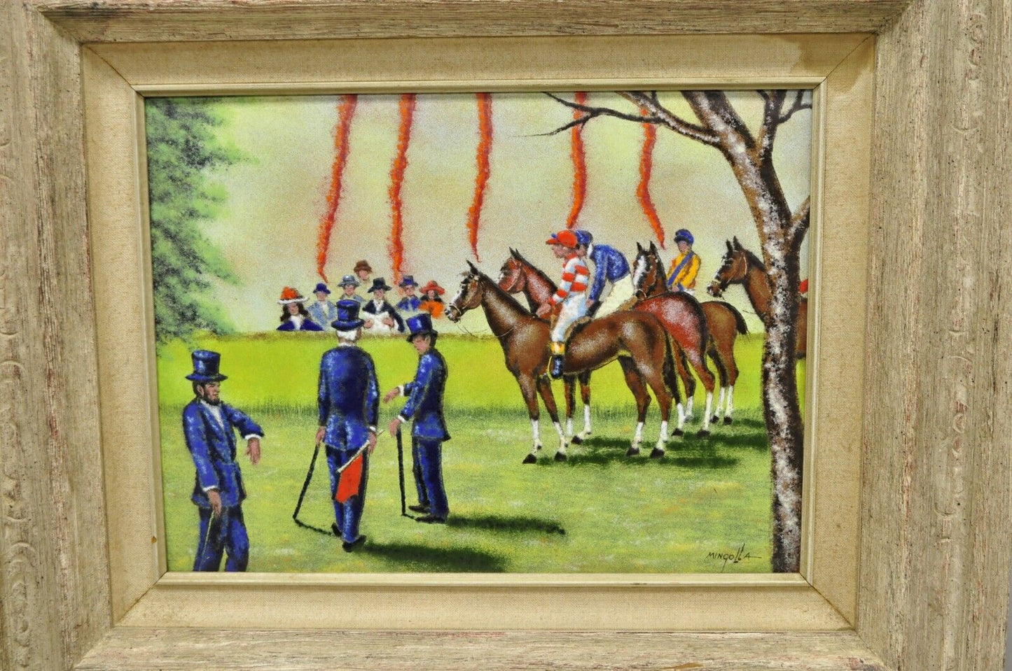 Dom Dominic Mingolla Enamel on Copper Framed Painting Horse Jockey Race Derby