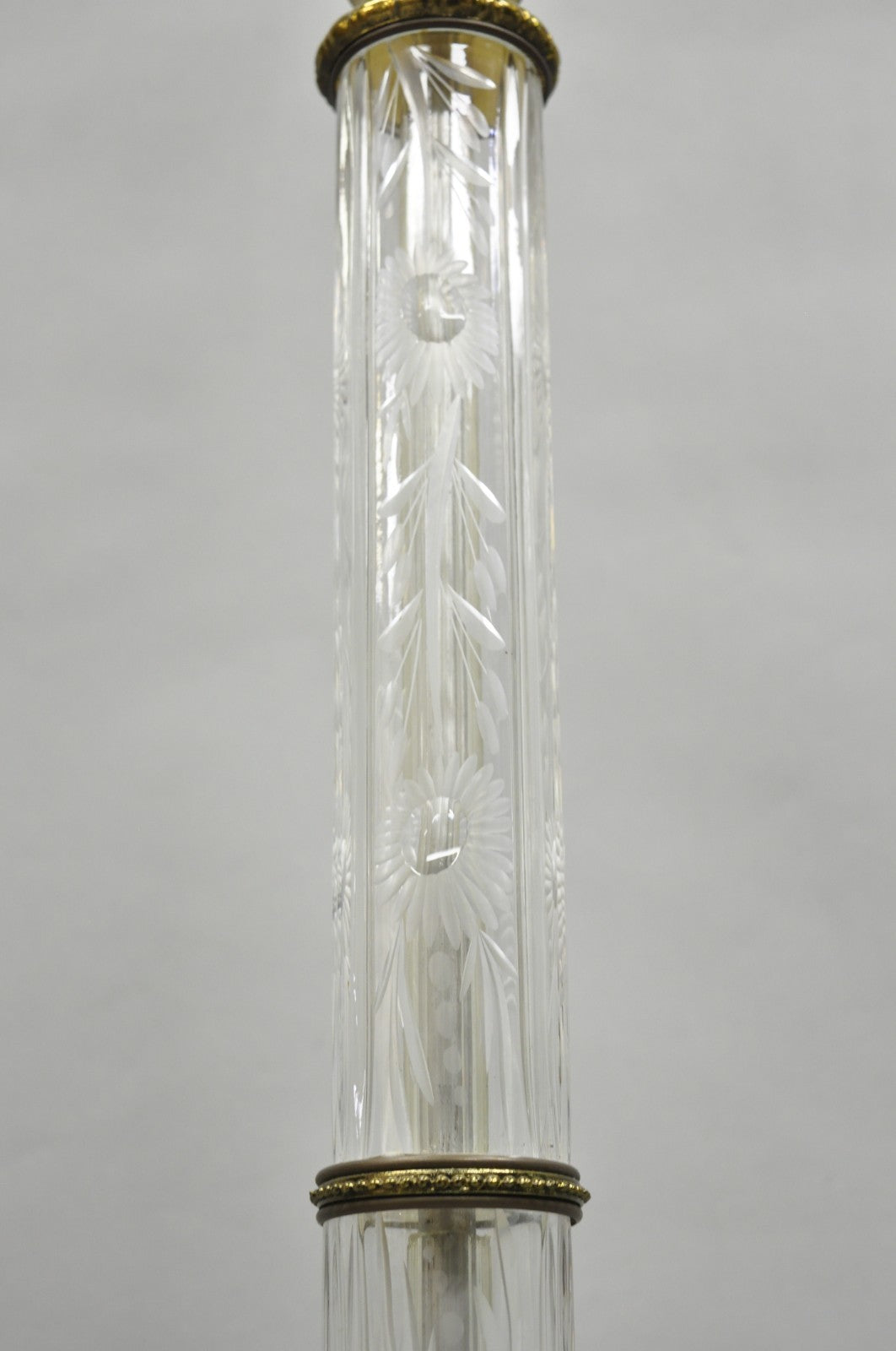 Vintage Neoclassical Style Floral Etched Glass Column Brass Reading Floor Lamp
