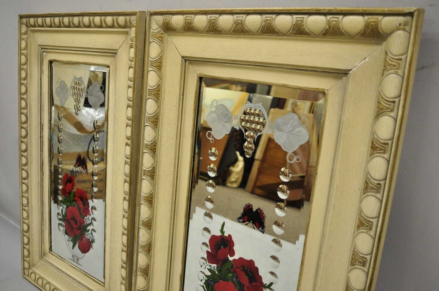 Antique Victorian Bubble Glass Oak Wood Frame Butterfly Flower Mirror - a Pair