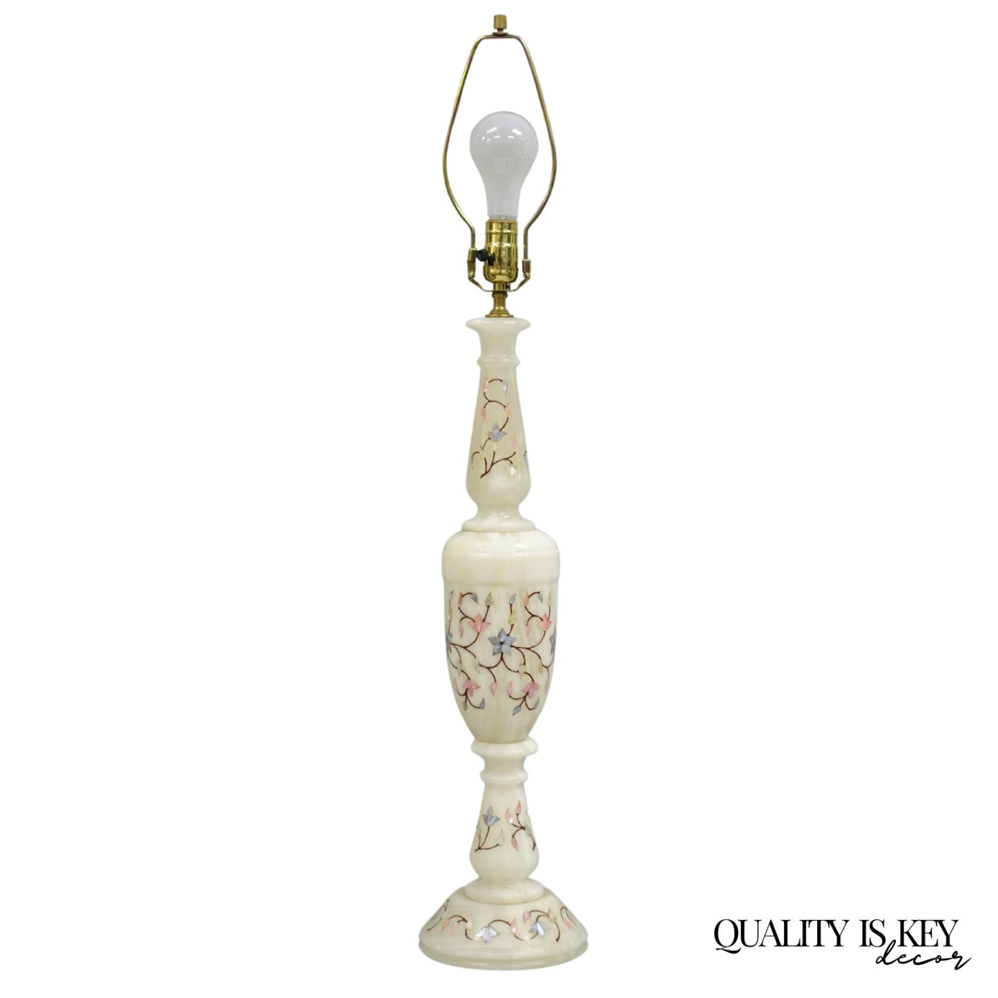Vintage Italian Hollywood Regency Alabaster Table Lamp w/ Stone Floral Inlay