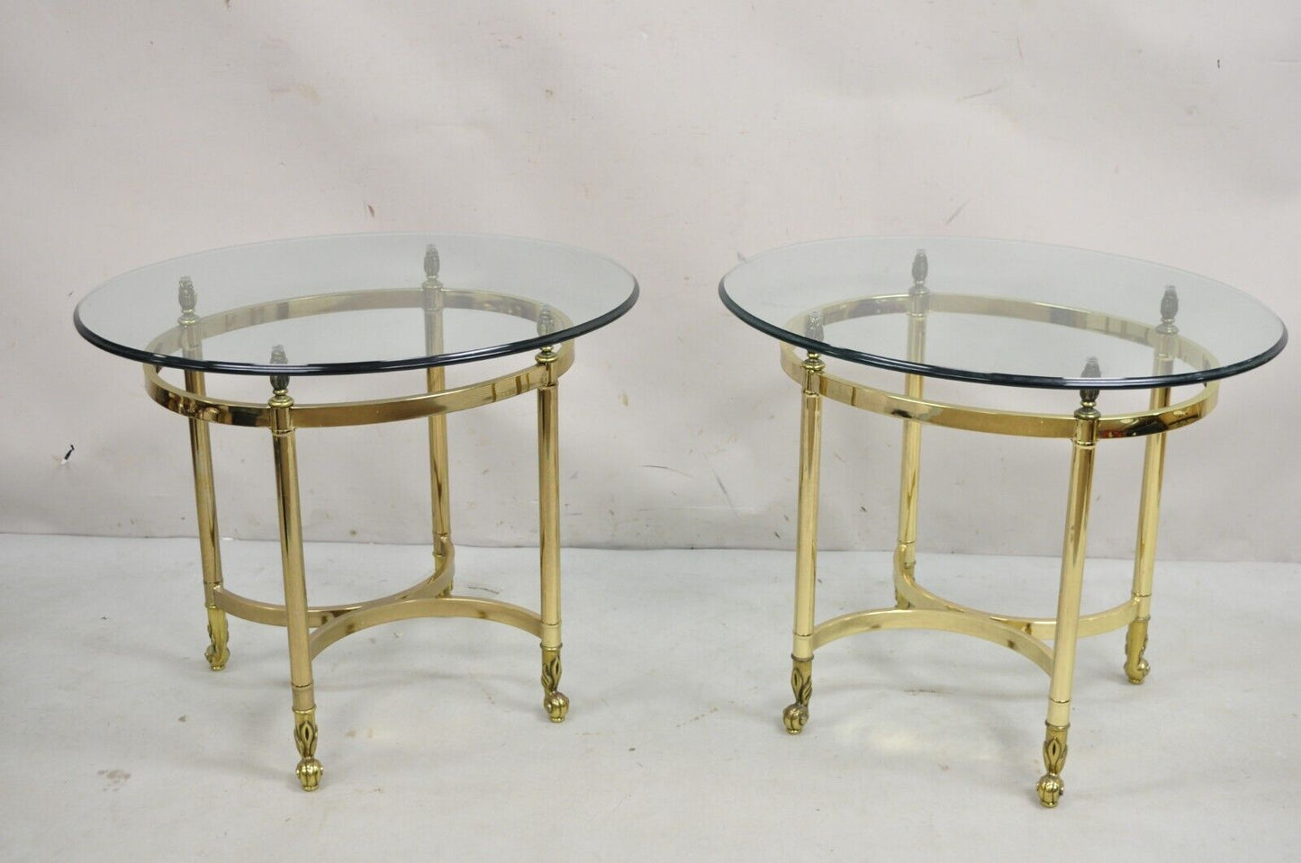 Vintage Italian Regency Style Brass Oval Glass Top Side End Tables - a Pair