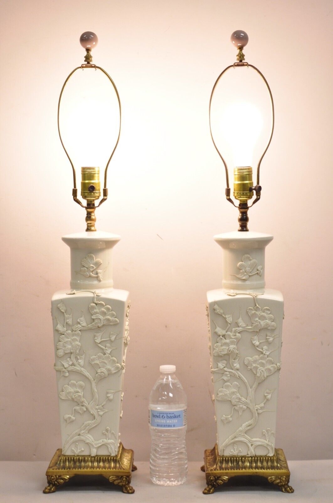 Vintage Chinoiserie Porcelain "Cherry Blossom" Blanc De Chine Table Lamps - Pair