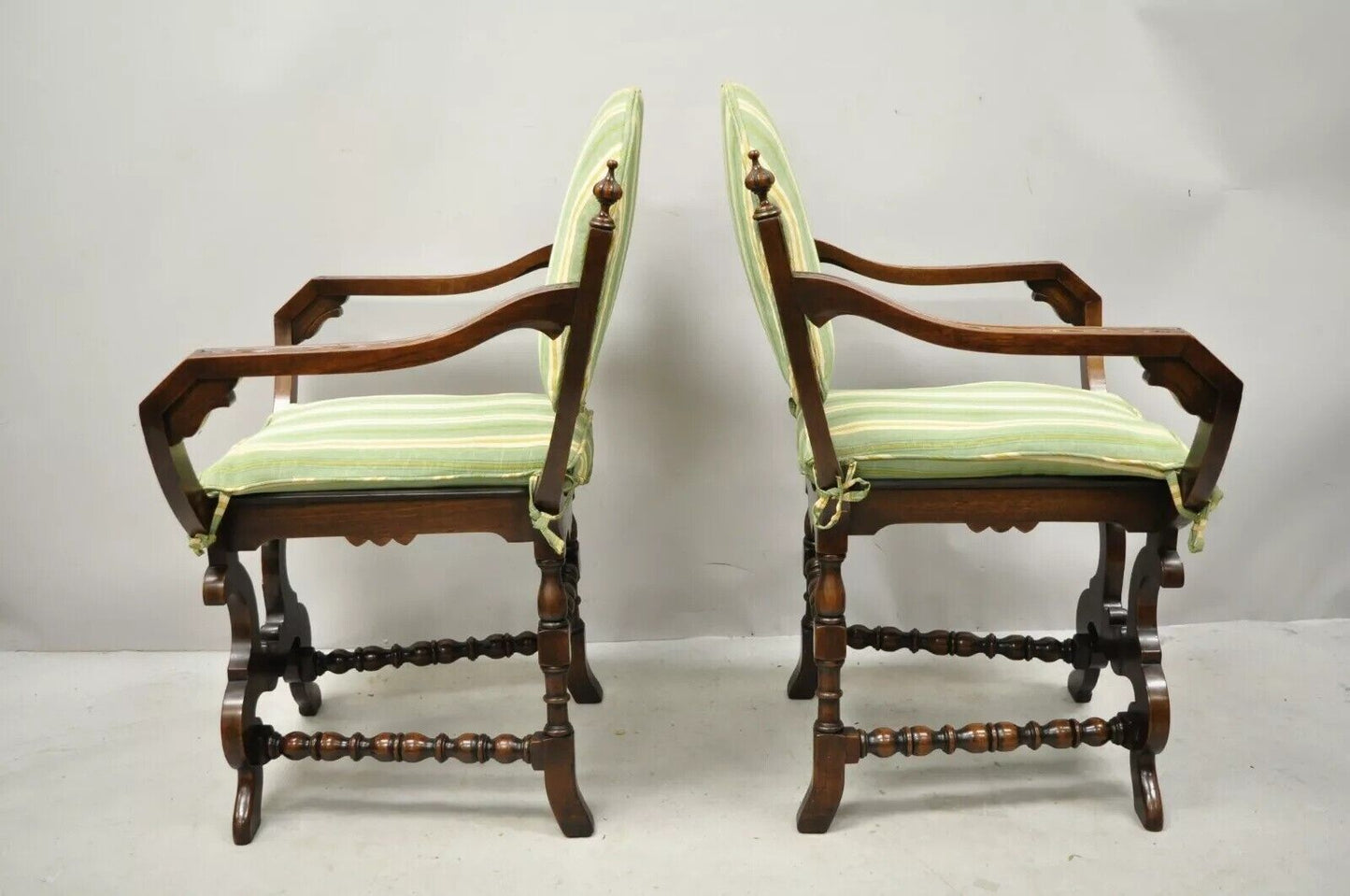 Antique Italian Renaissance Carved Walnut Savonarola Throne Arm Chairs - a Pair