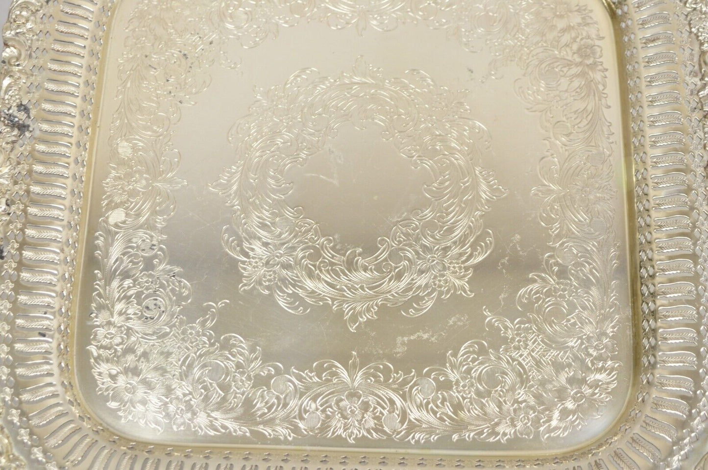 Vintage English Victorian Silver Plated Reticulated Square Serving Platter Tray