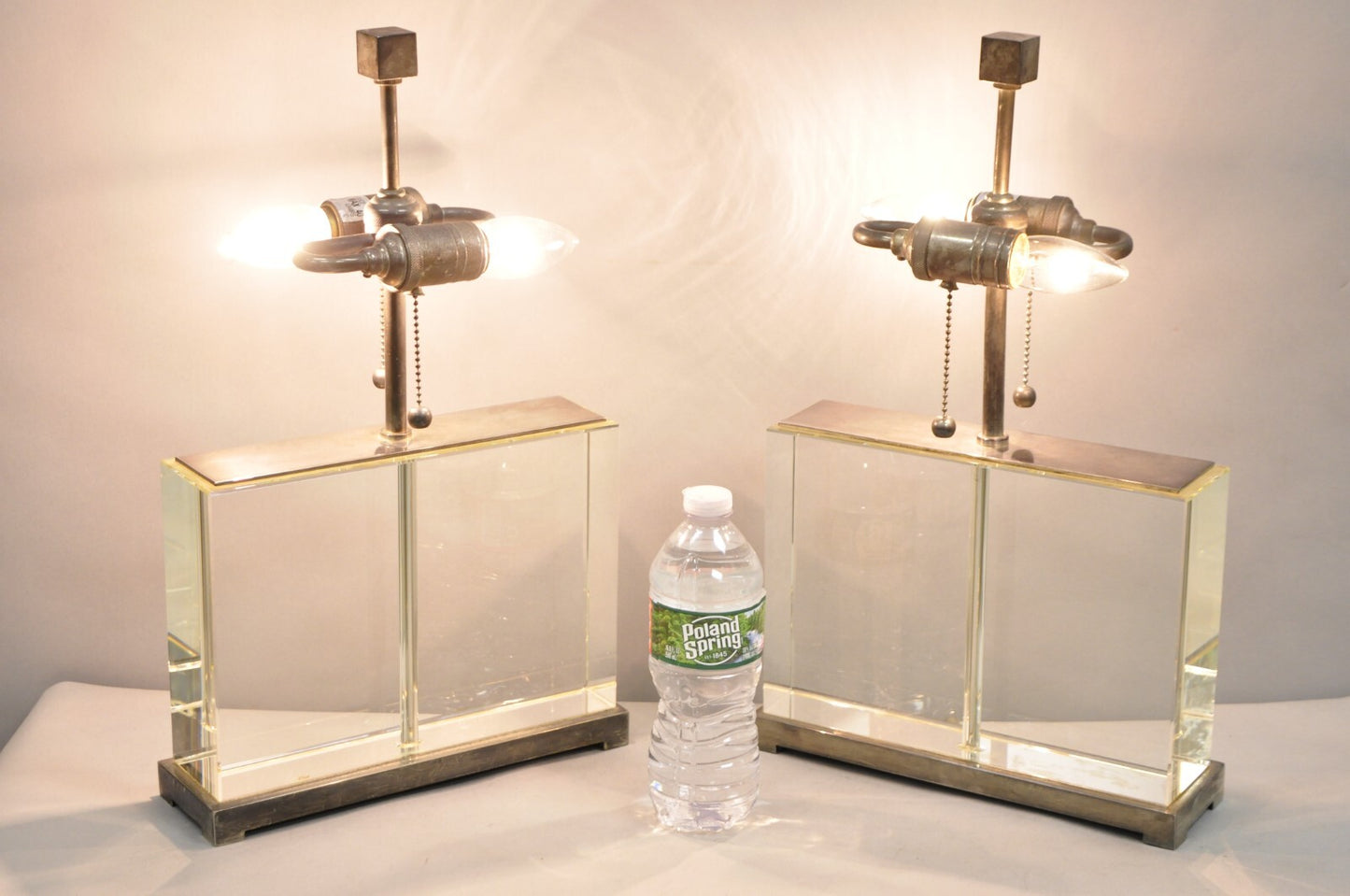 Modern Williams Sonoma Crystal Glass Block Phoenix Wide Table Lamps - a Pair