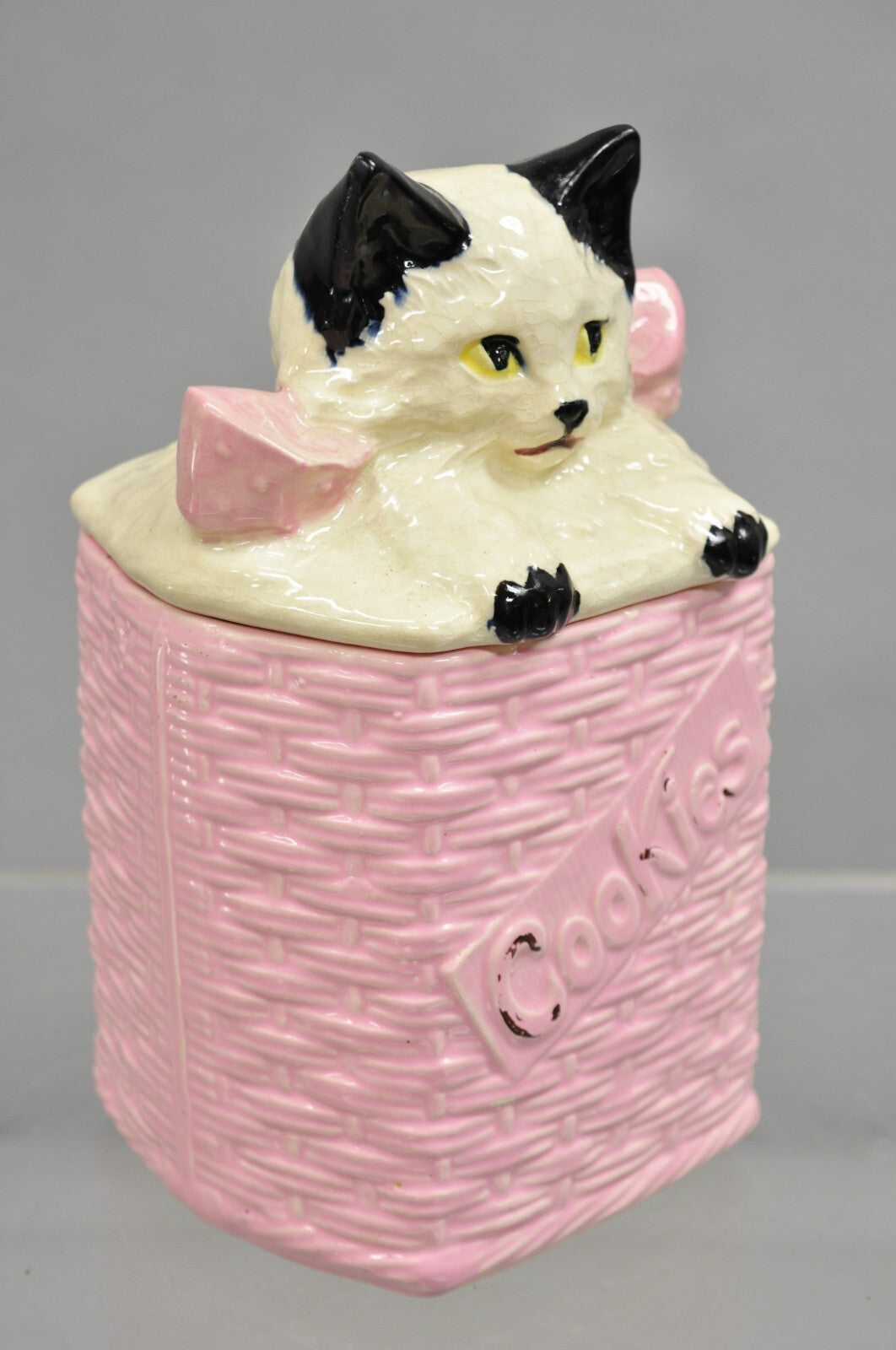 Vintage McCoy Pottery White and Black Cat Kitten Kitty in Pink Basket Cookie Jar