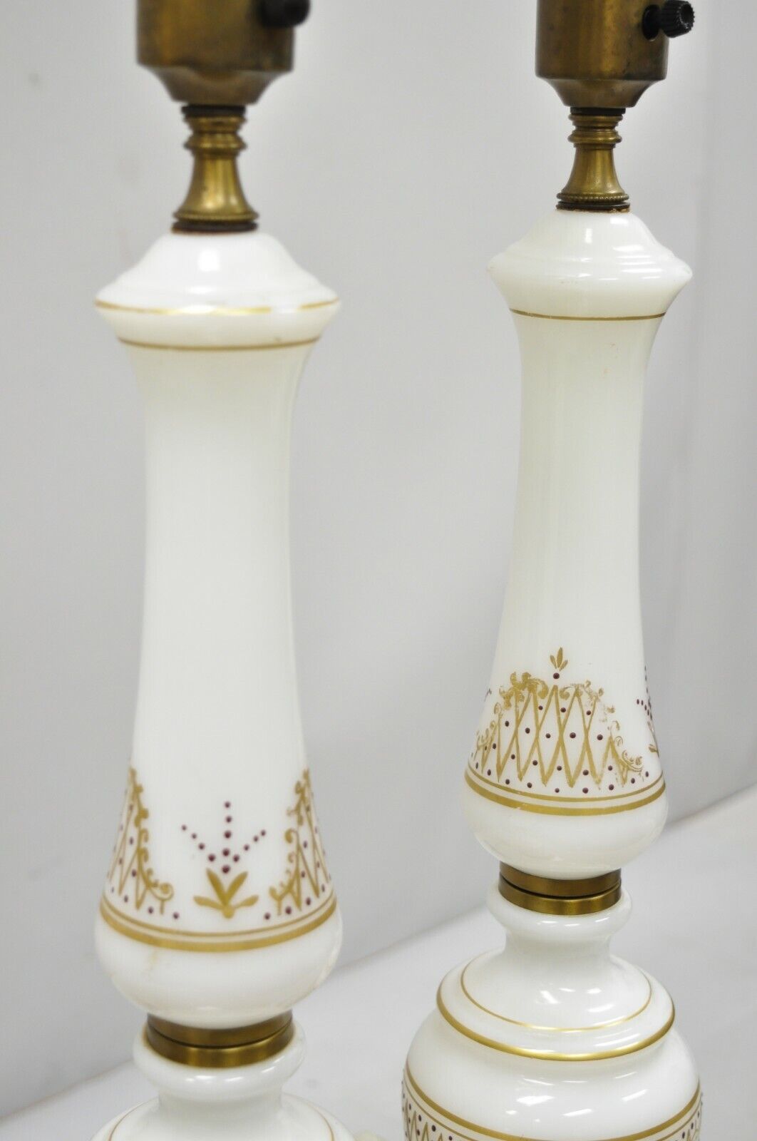 Vintage French Neoclassical Gold Gilt White Porcelain Column Table Lamps - Pair