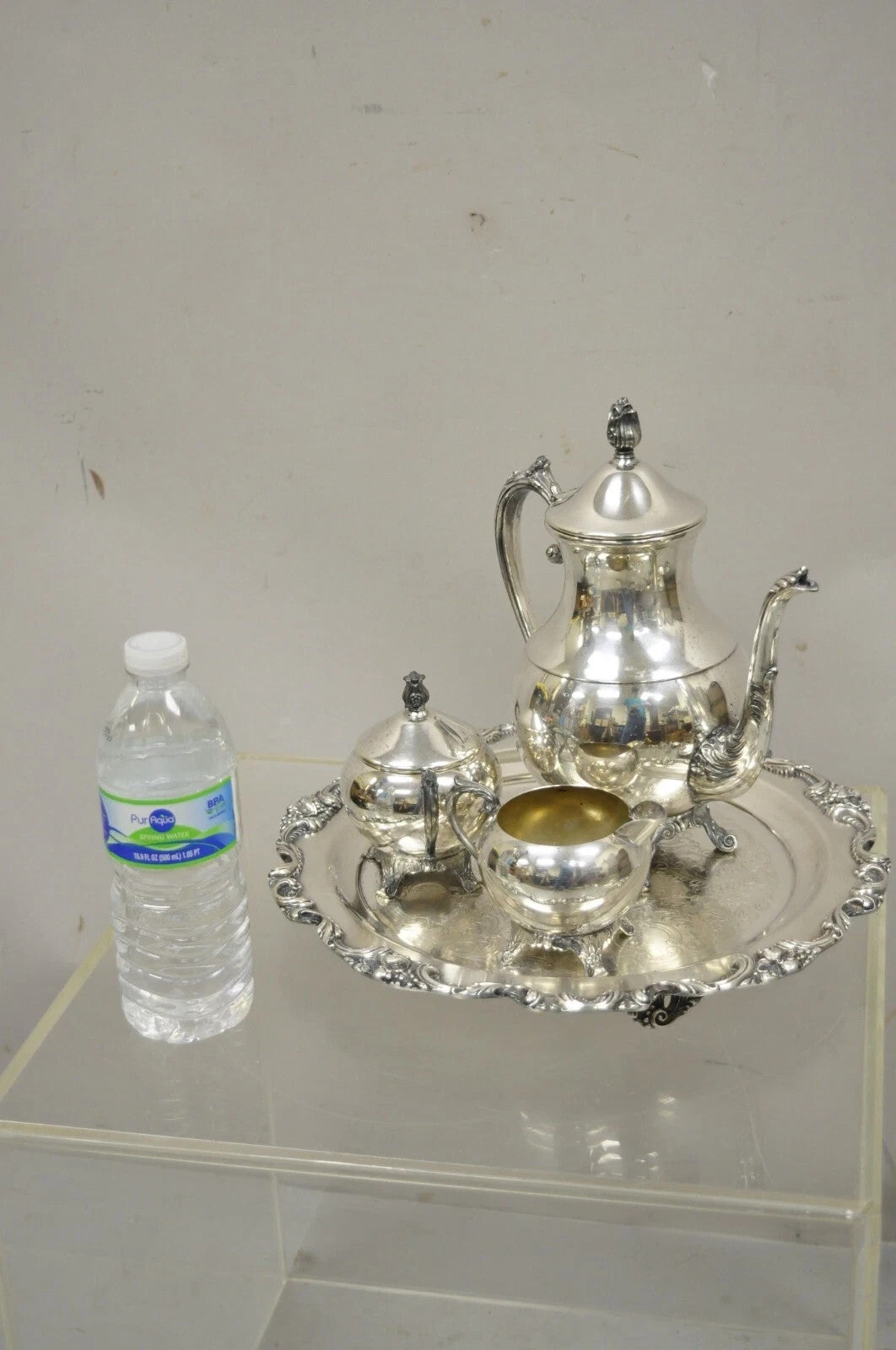 Vintage FB Rogers Silver Plated Tea Set w/ Amston Round Serving Tray - 4 Pc Set