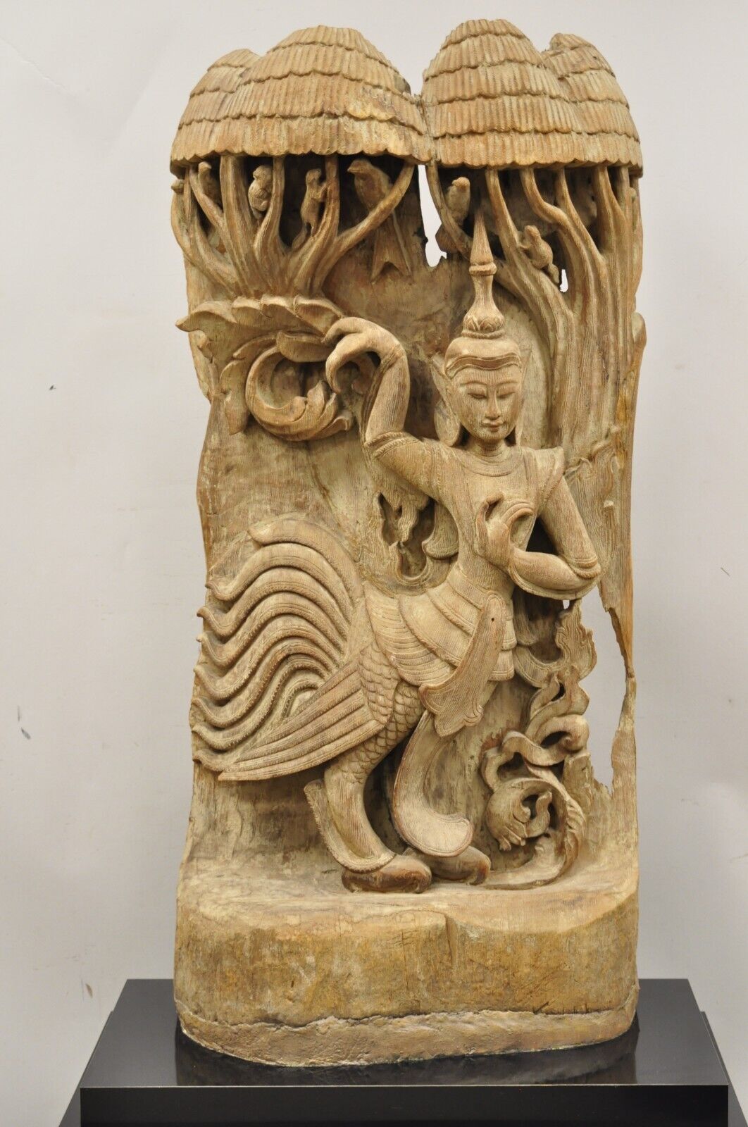 Vintage Burmese Carved Wood Oriental Large Figural Statue Sculpture on Base