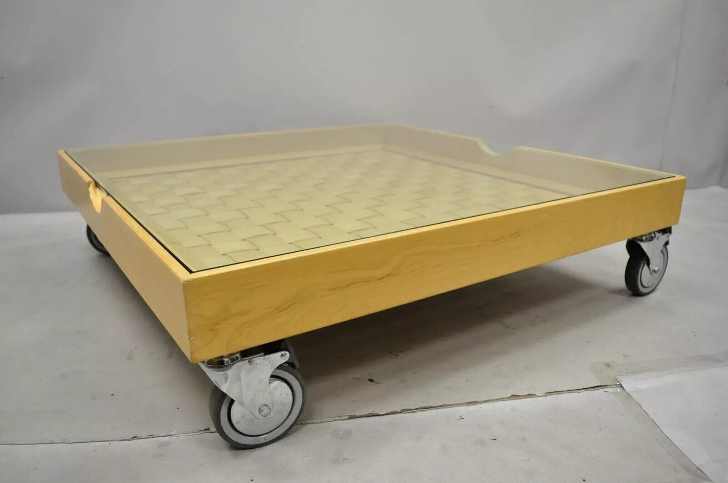 Modern Basketweave Factory Cart Coffee Table on Wheels with Glass Display Top