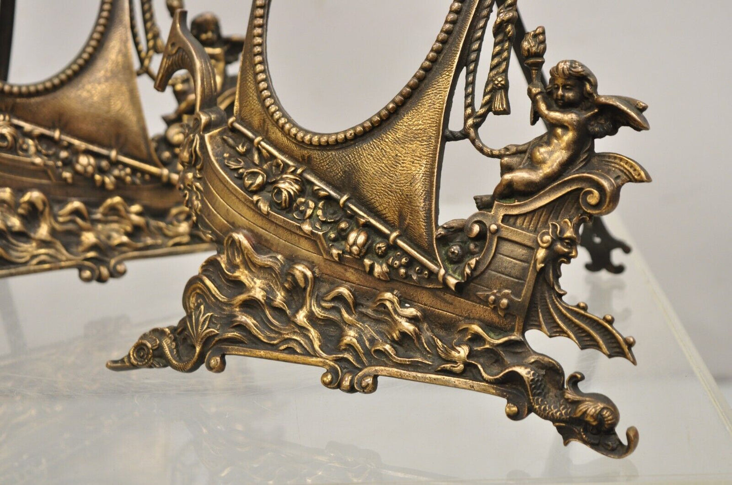 Antique French Renaissance Style Brass Oval Picture Frame with Ship and Cherub