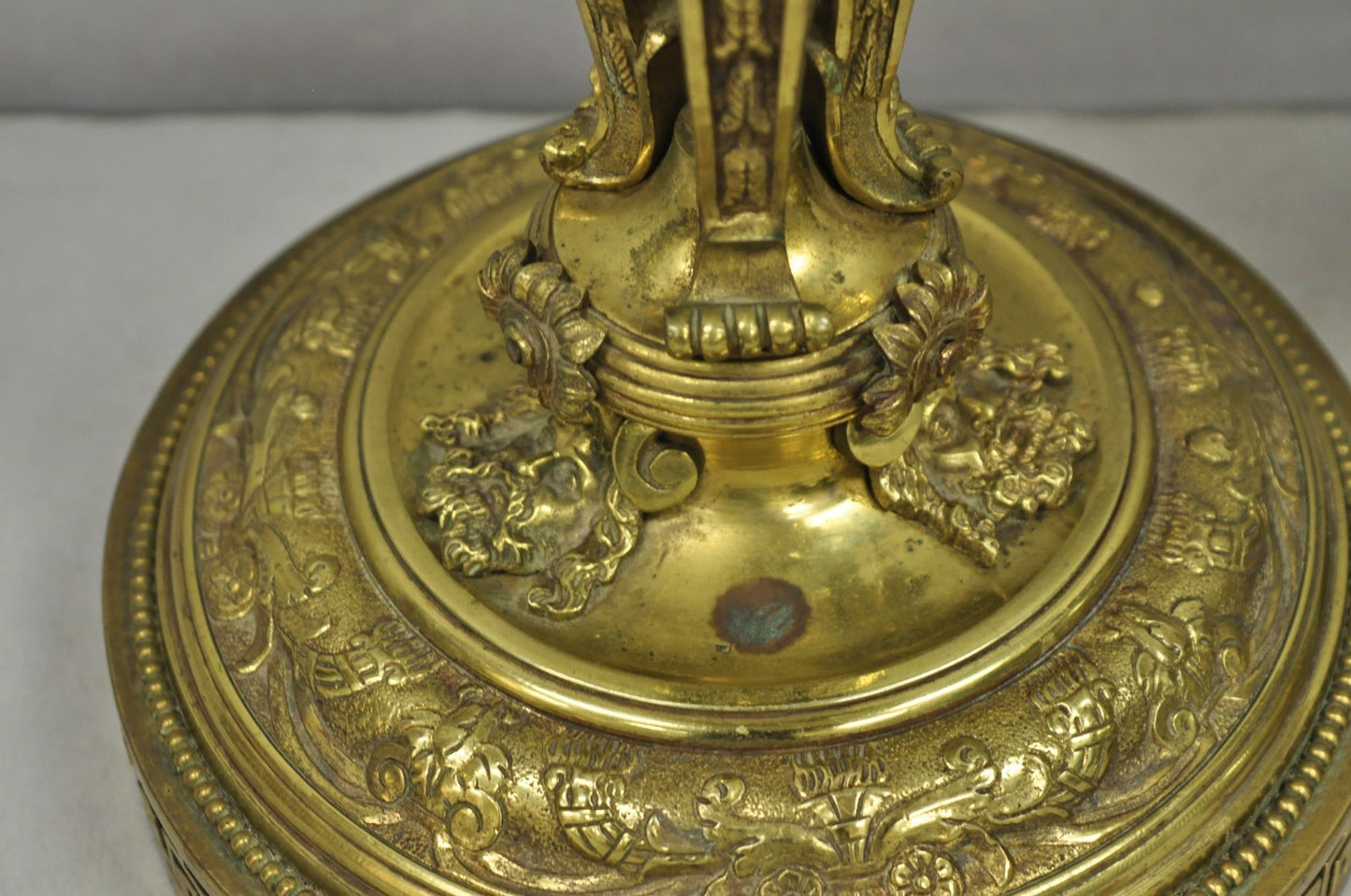 French Renaissance Brass Figural Maiden Base Red Bohemian Glass Table Lamps Pair
