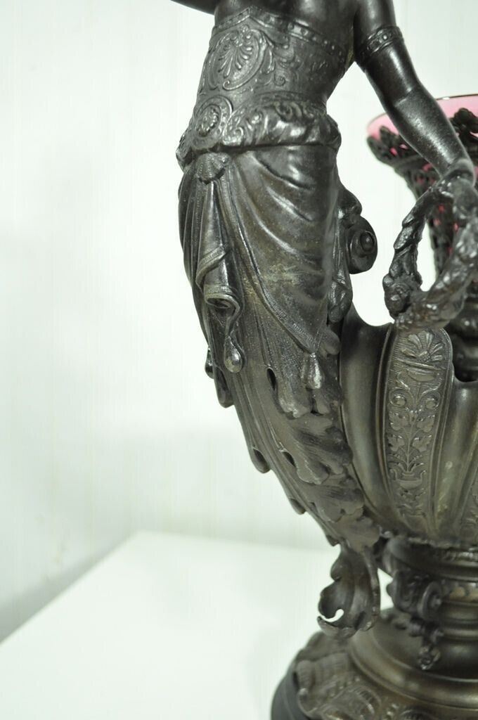 Antique Victorian Spelter & Marble Figural Mermaid Centerpiece Bowl Vase Epergne