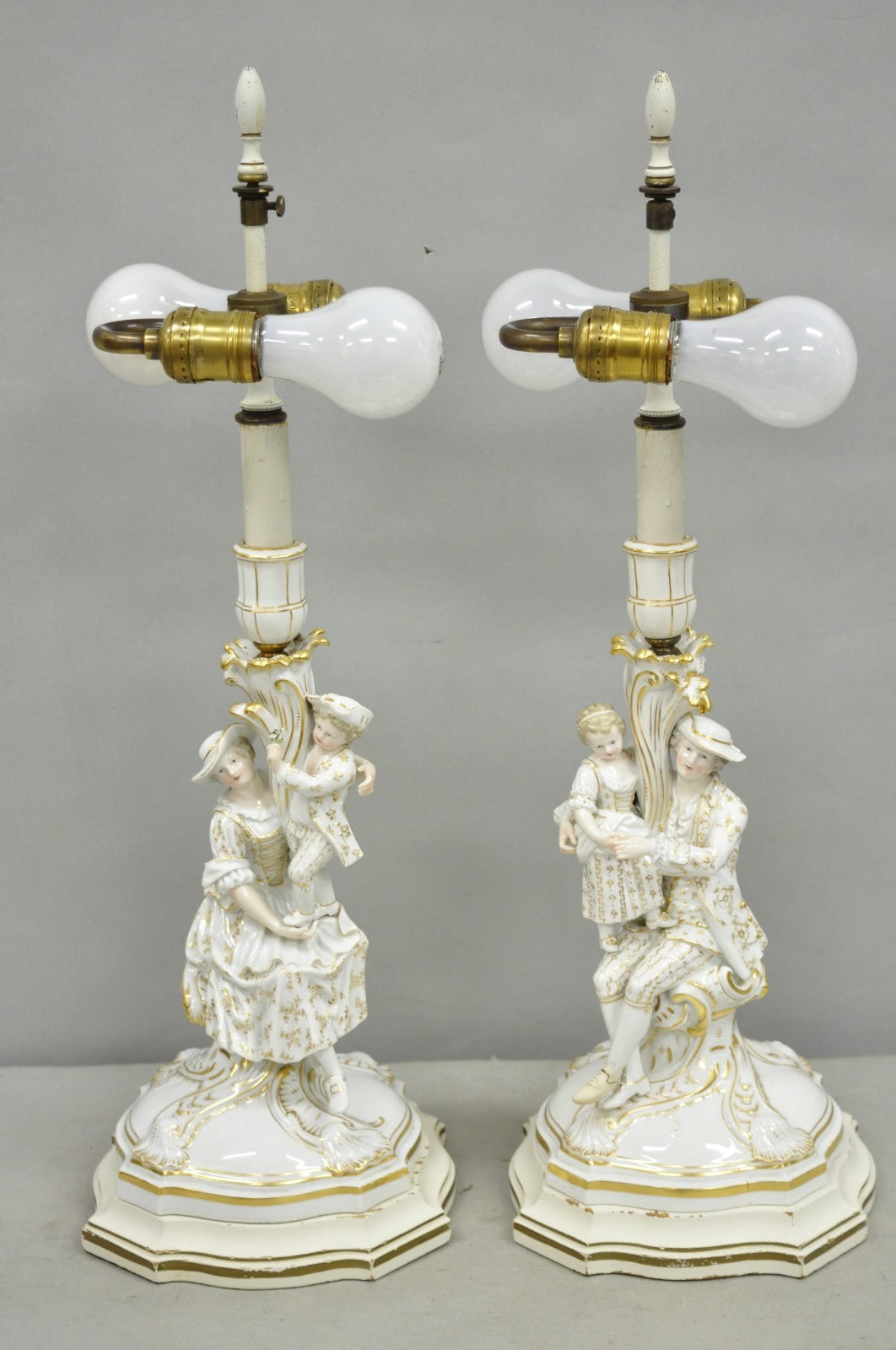 Antique Meissen Porcelain German Figural Lighted Candlestick Table Lamps - Pair