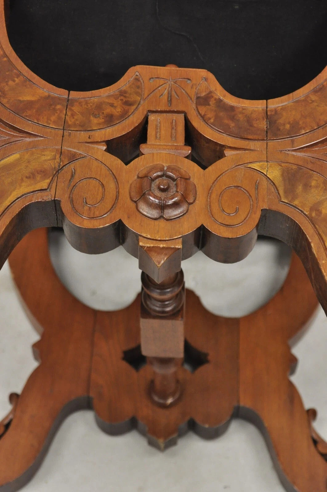 Antique Eastlake Victorian Burl Walnut Carved Curule Footstool Ottoman Stool
