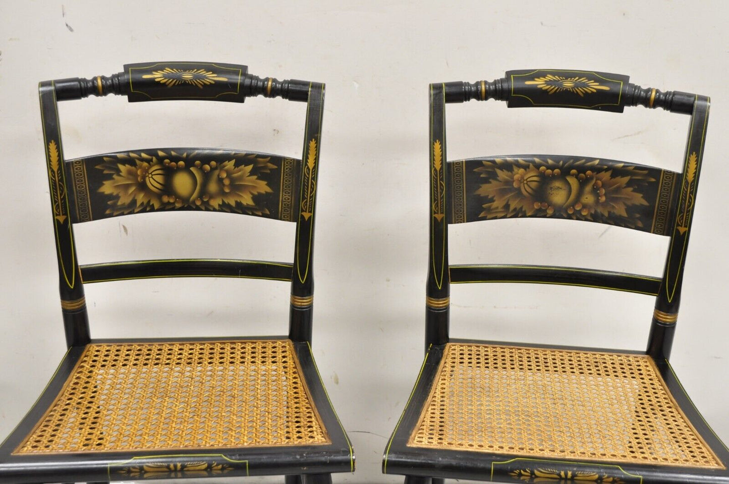 Vintage L. Hitchcock Black Stencil Harvest Decorated Cane Side Chair - a Pair