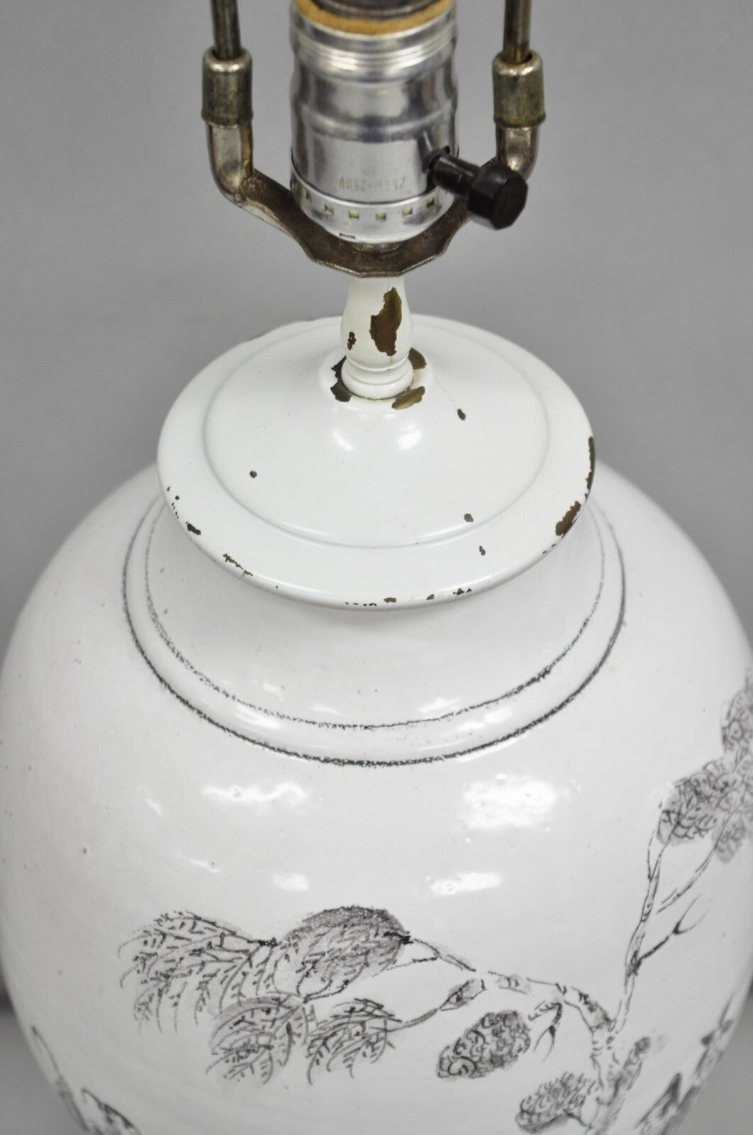 Vintage Chinoiserie White Ceramic Jardiniere Vase Oriental Table Lamp on Lucite