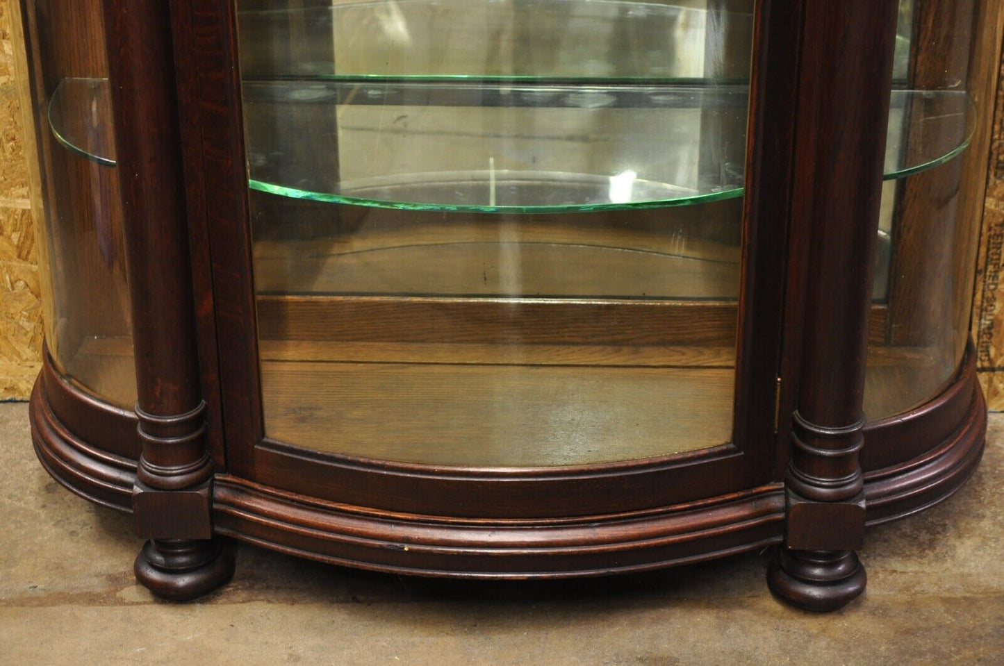 Antique American Empire Victorian Oak Wood Bowed Glass China Cabinet Curio
