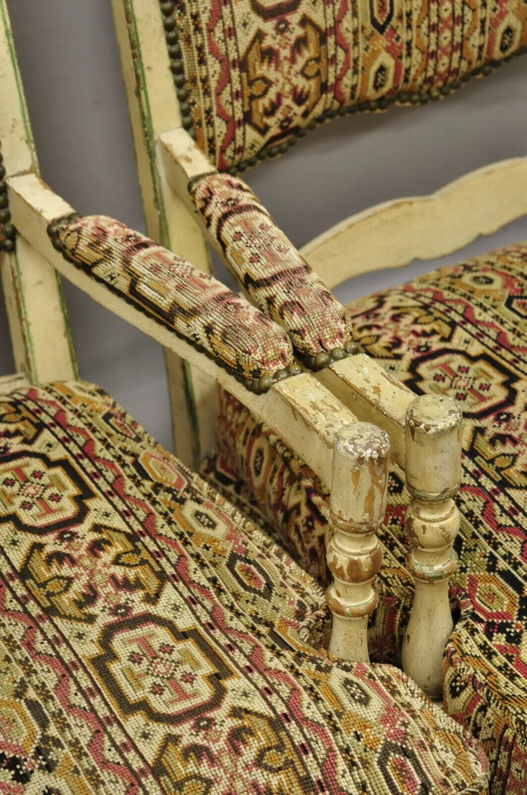 Vintage French Country Cream Distress Painted Lounge Arm Chairs & Ottoman a Pair