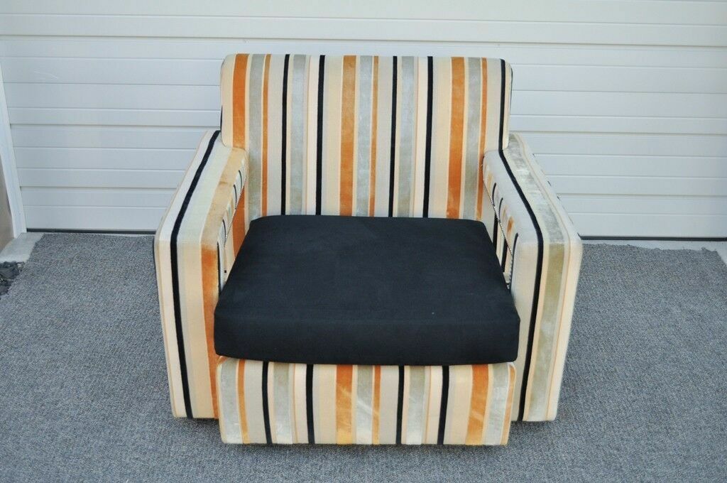 Large Hollywood Regency Modern Striped Upholstered Lounge Club Movie Arm Chair