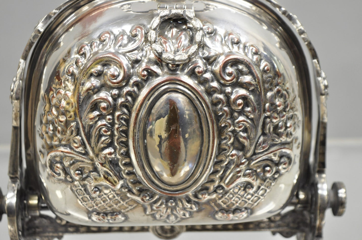 Antique English Sheffield Victorian Repousse Silver Plated Biscuit Warmer Box