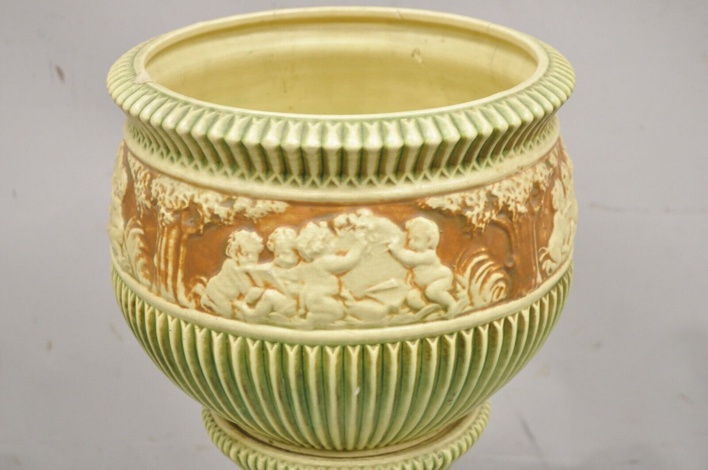 Antique Roseville Donatello Cherubs Art Pottery Jardiniere & Pedestal Flower Pot
