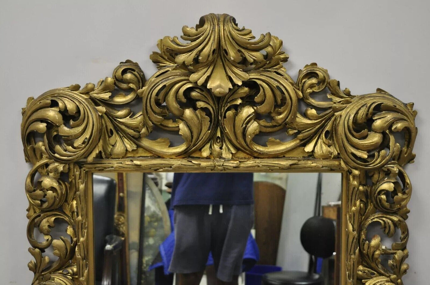 19th C French Rococo Gold Giltwood Relief Carved Wood Acanthus Leaf Wall Mirror