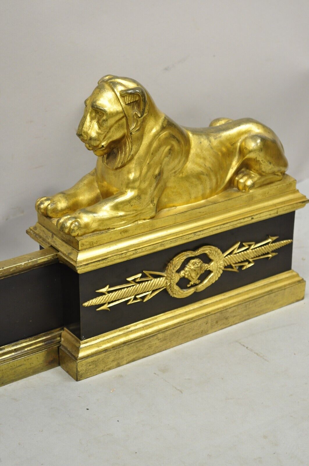 French Empire Neoclassical Bronze Lion Andirons Chenets with Fender - 3 pc set