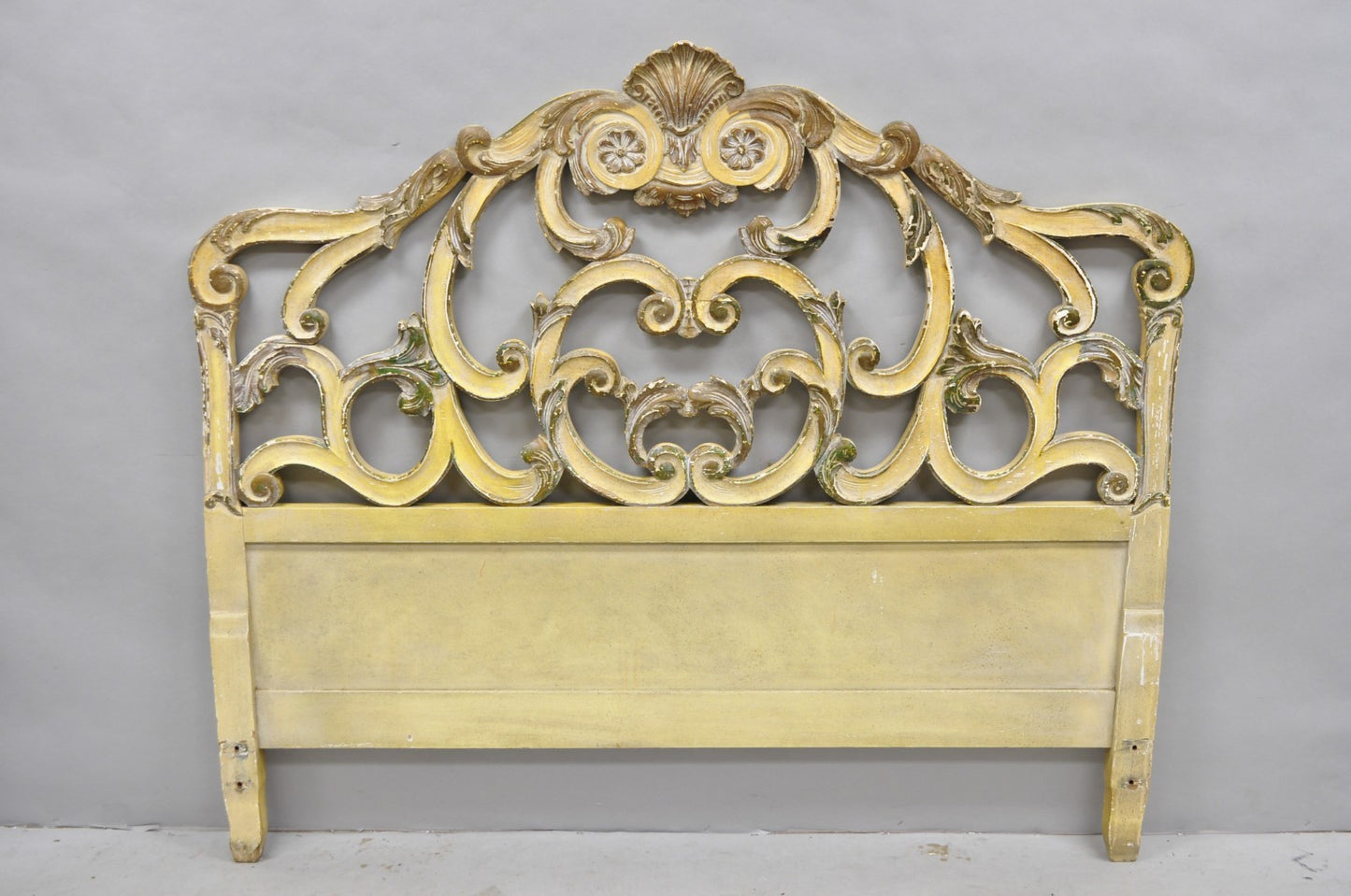 Vintage French Rococo Distressed Cream Painted Queen Size Wood Bed Headboard