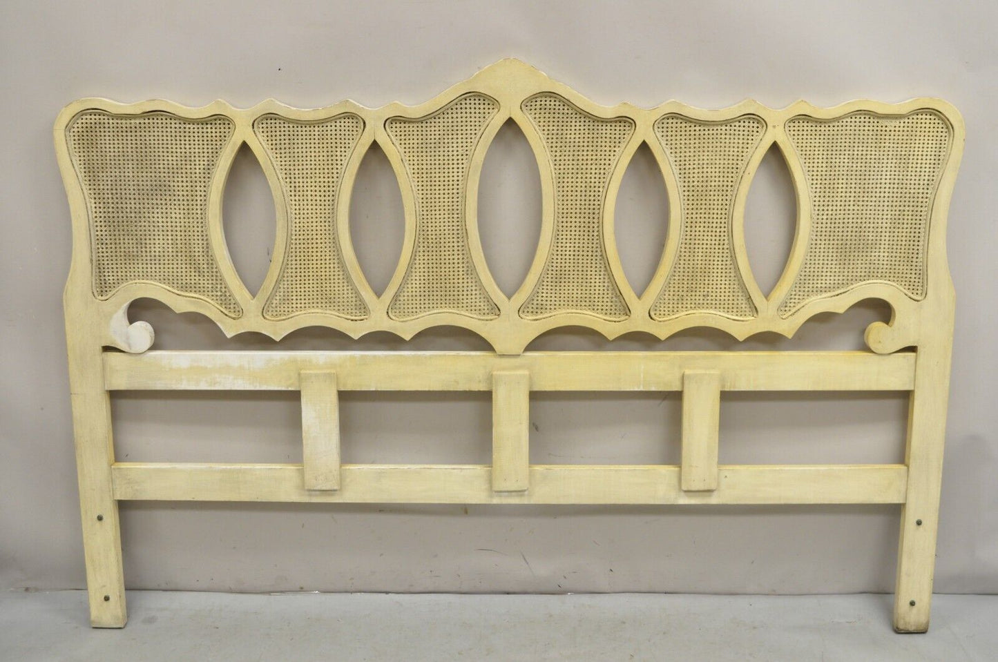 Vintage French Provincial Hollywood Regency Cream Painted Cane King Headboard