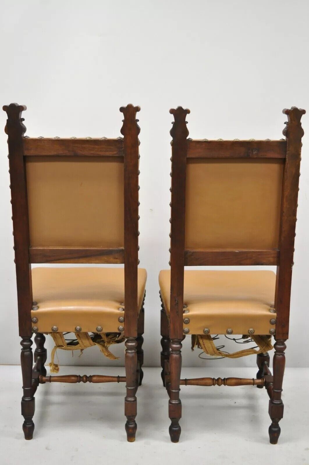 Antique 19th C. Italian Renaissance Carved Walnut High Back Side Chairs - a Pair