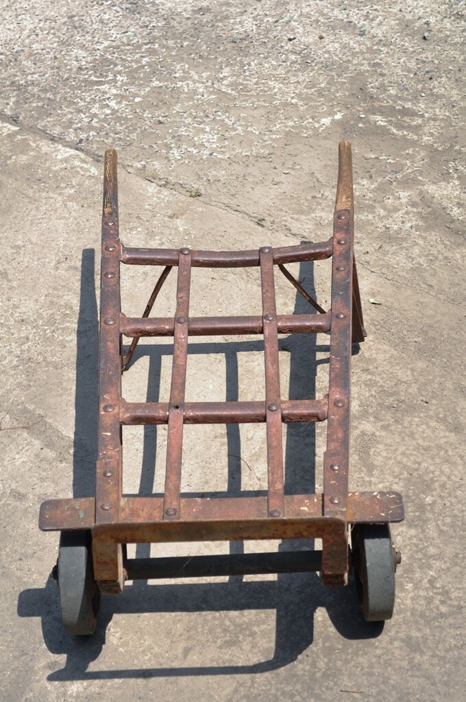 Antique Industrial Steampunk Distressed Iron & Wood Rolling Hand Truck Cart
