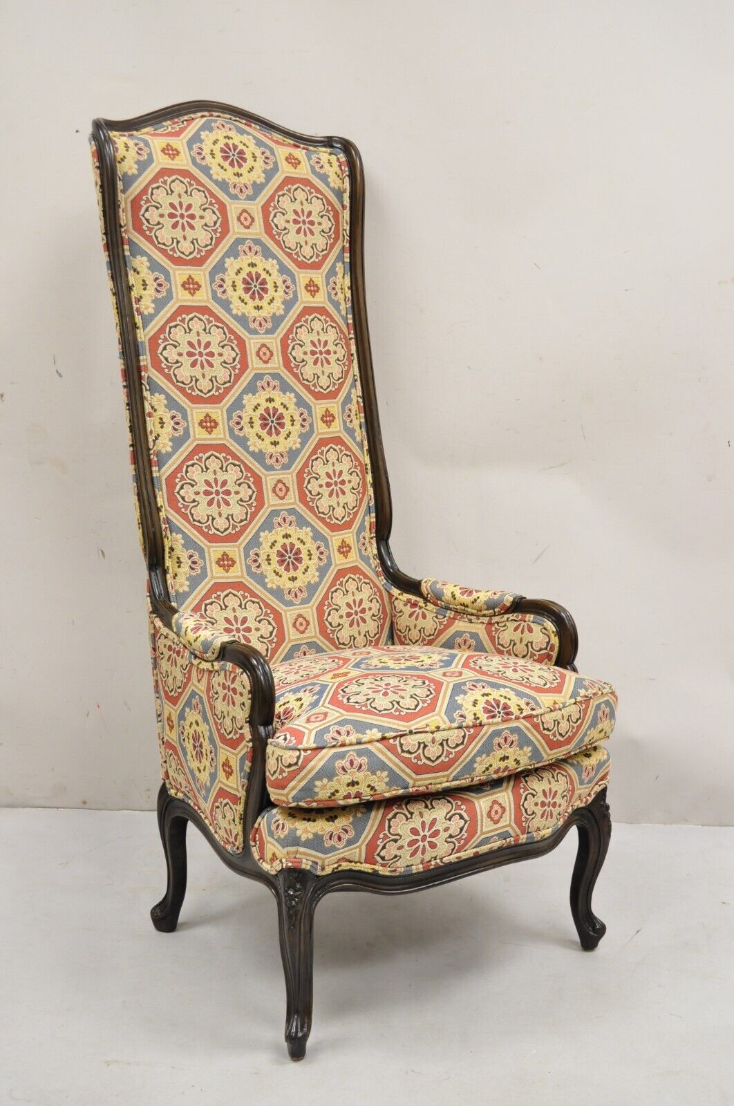 French Country Provincial Style Carved Walnut High Back Blue & Red Lounge Chair