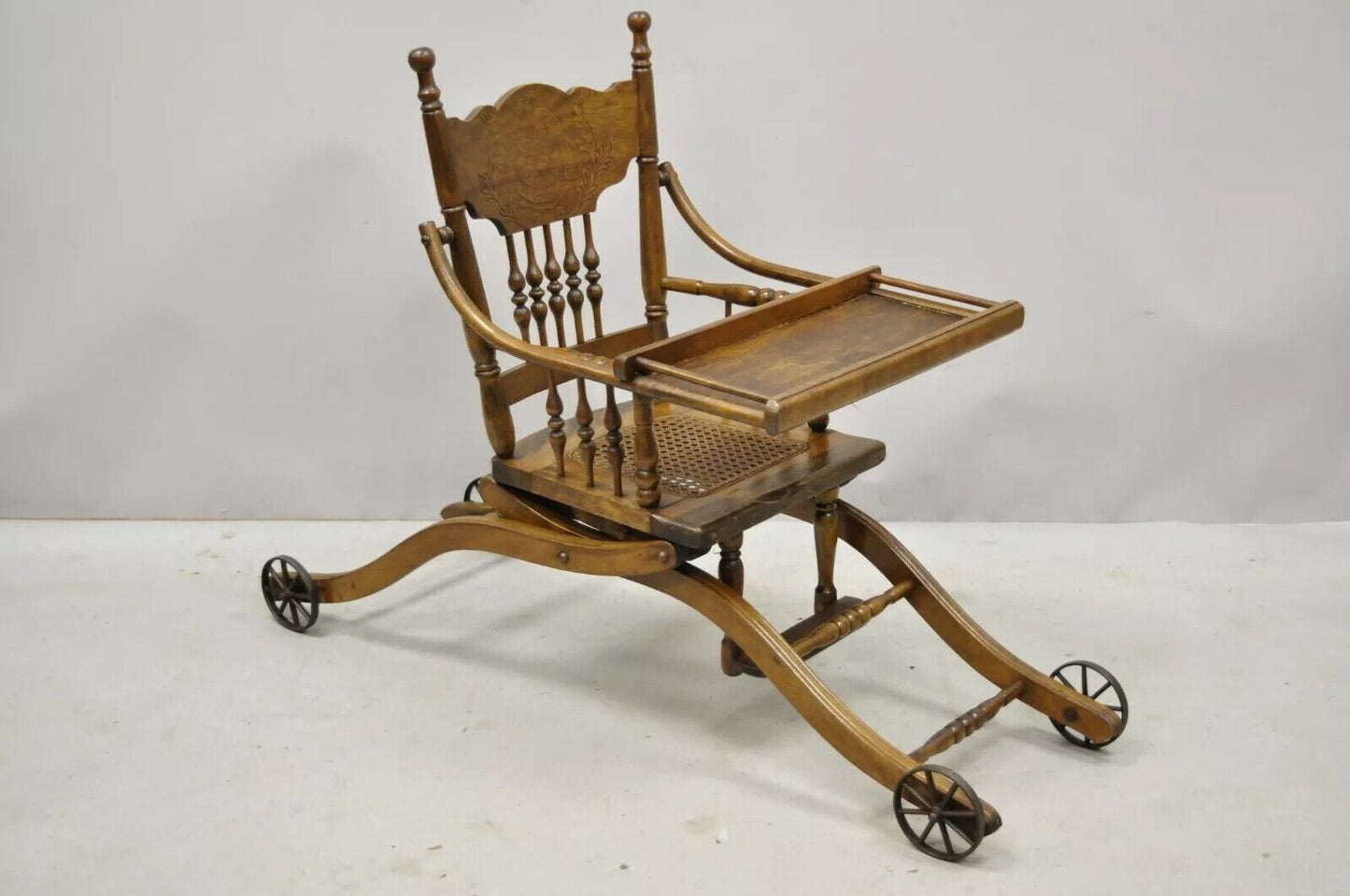 Antique Victorian Oak Convertible Pressed Back High Chair Baby Stroller
