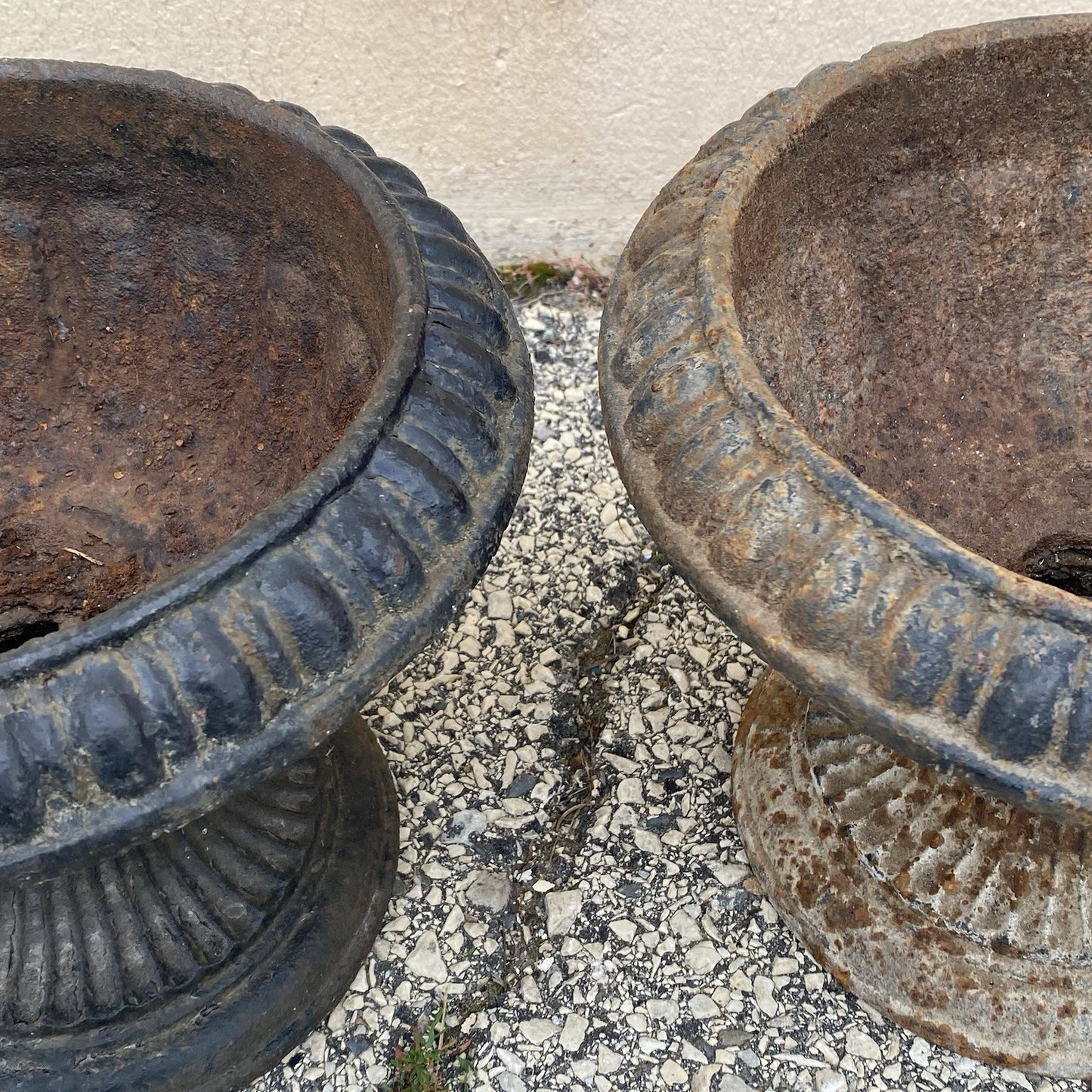 Antique French Empire Style Small 12" Cast Iron Urn Garden Planter Pots - Pair