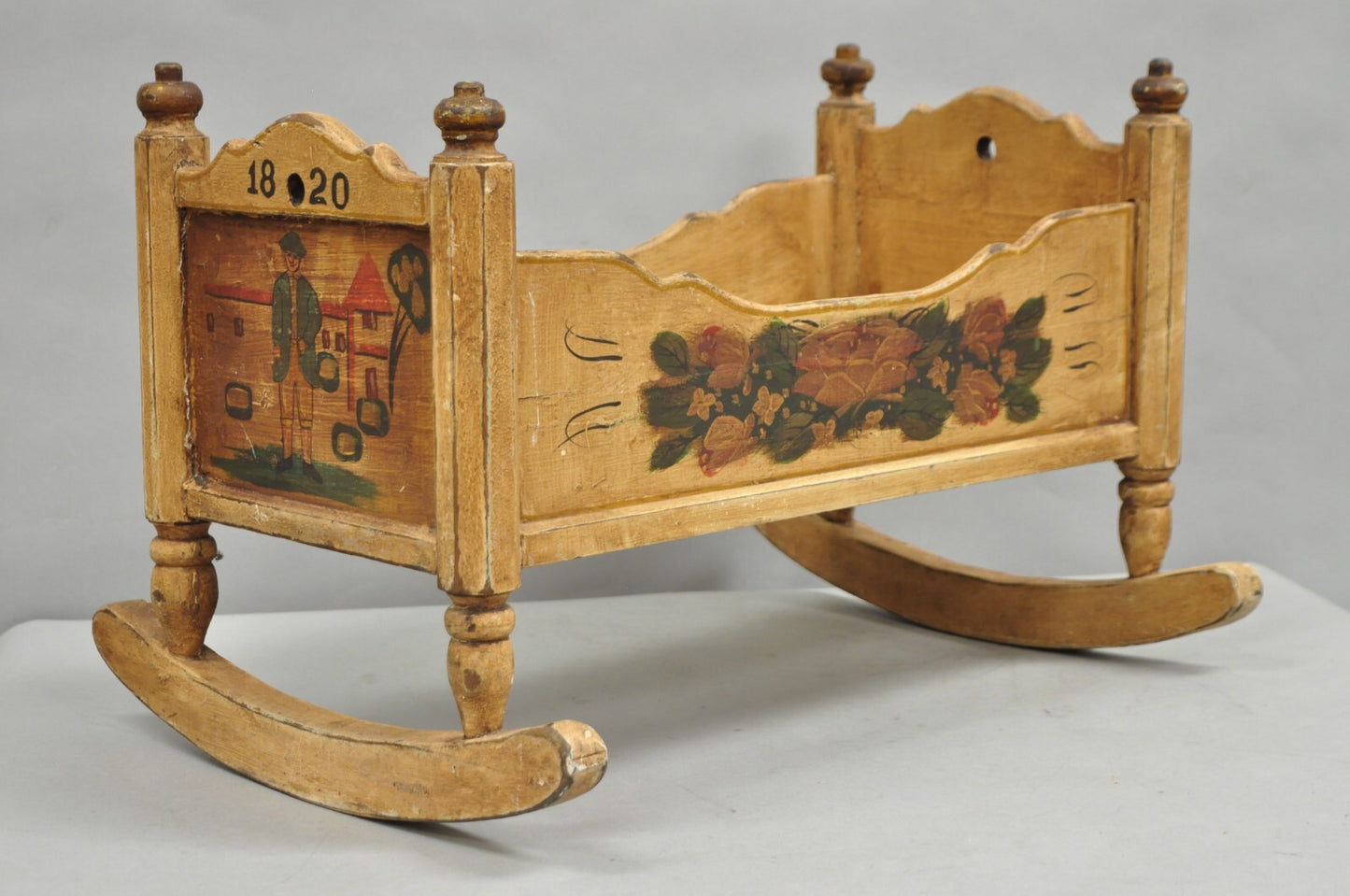 Antique Colonial Figural Painted "1820" Wooden Baby Doll Cradle