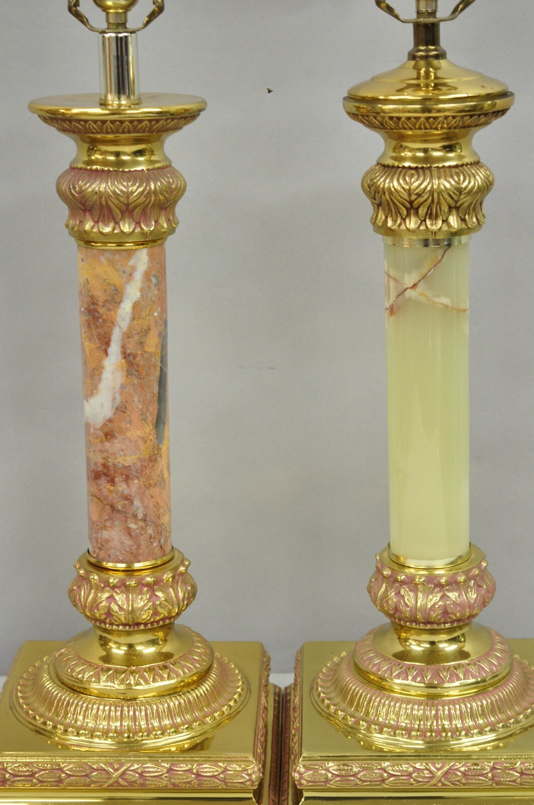 Vintage Hollywood Regency Brass Empire Column Green Pink Gold Table Lamps - Pair