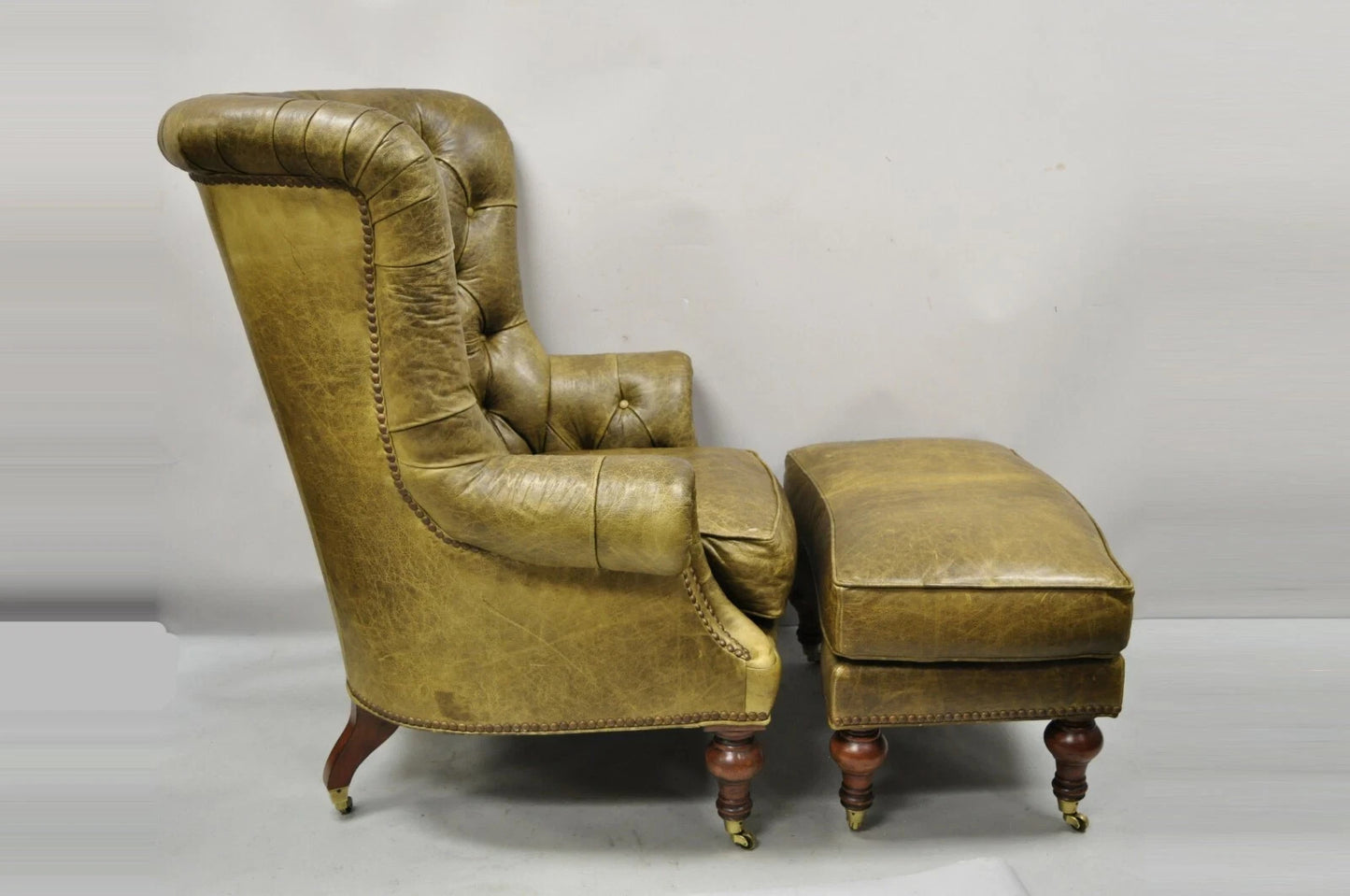 Lillian August Brown Green Leather Chesterfield Club Lounge Chair & Ottoman