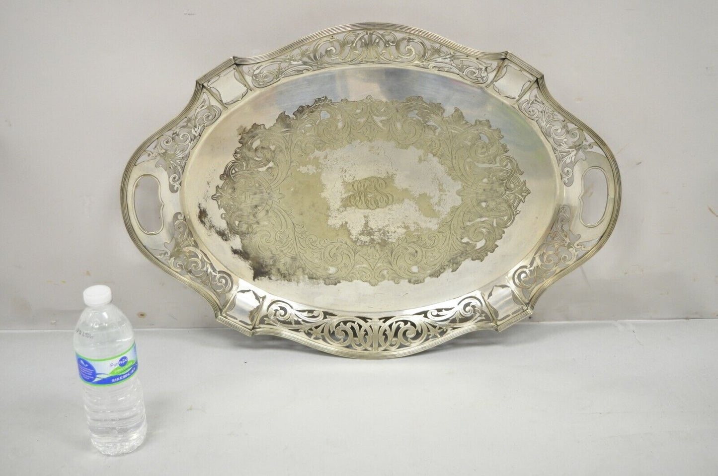 Antique D & H England 24" Silver Silver Plated Pierced Scalloped Platter Tray