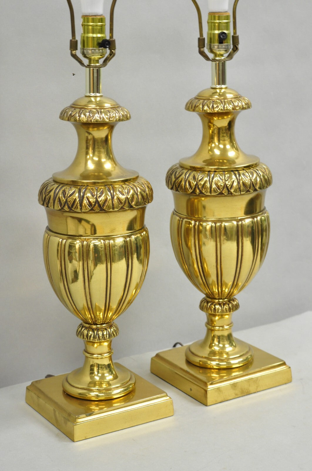 Vintage French Empire Style Gold Brass Metal Urn Form Table Lamps - a Pair