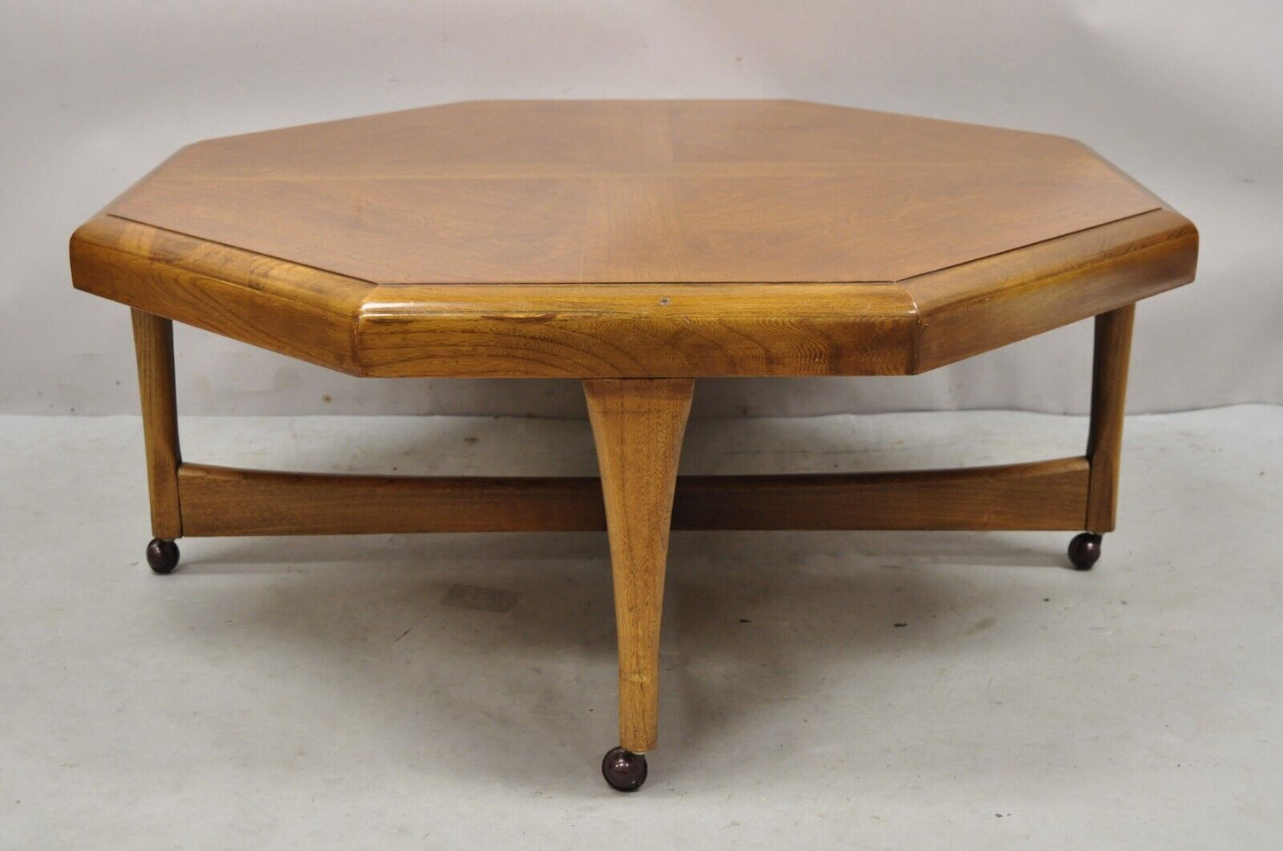 Lane Mid Century Modern Walnut Octagonal Stretcher Base Coffee Table