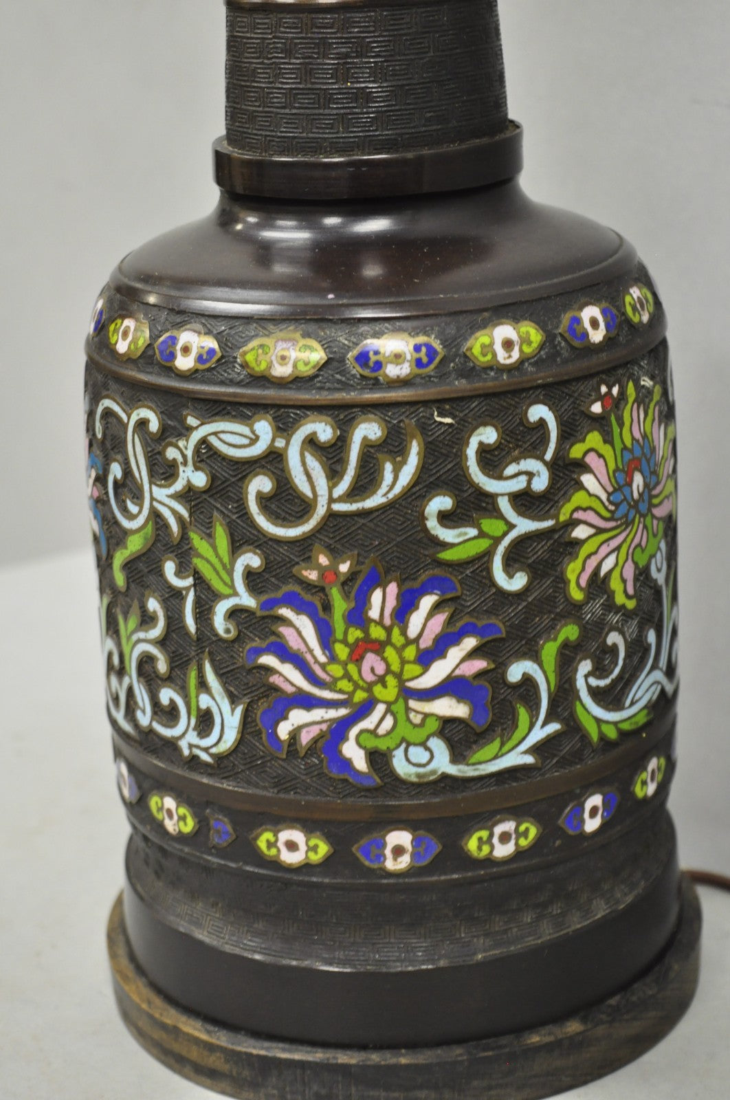Antique Chinese Bronze Cloisonne Enameled Champleve Chinoiserie Table Lamp