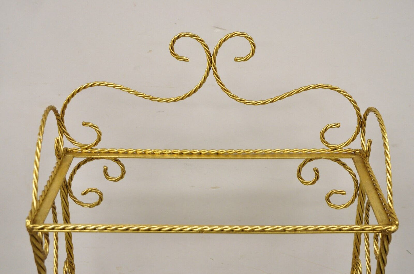 Italian Hollywood Regency Gold Gilt Iron 5 Tier Rope Tassel Narrow Etagere Stand
