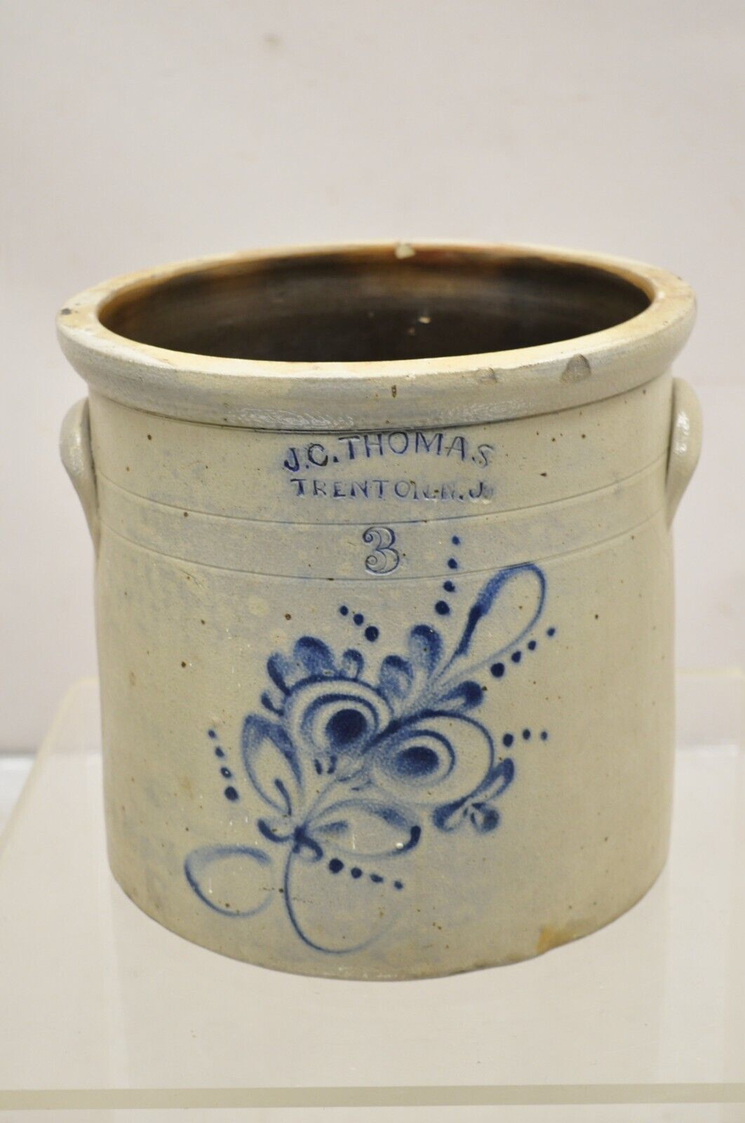 Antique J.C. Thomas Trenton NJ 3 Gallon Stoneware Crock Pot Cobalt Blue Flower